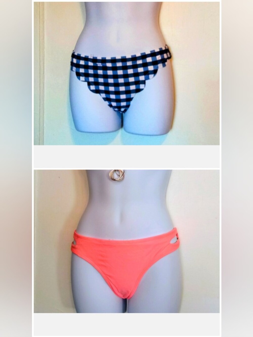 Women's 2 PC Bikini Bottom Bundle-Blue & White Gingham and Light Pink Sz M